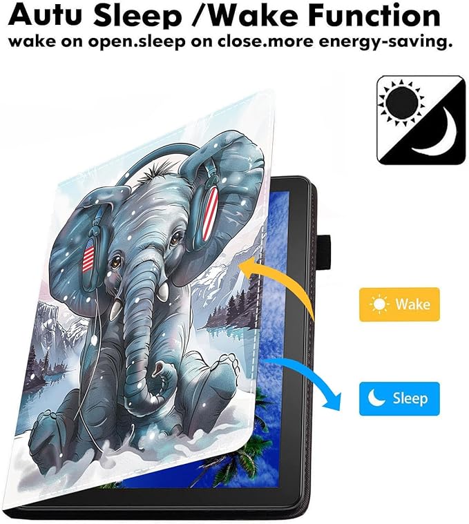 Case for Amazon Kindle Fire 7 Tablet (7 9th/7th Generation 2019/2017 Release) Slim PU Leather Cover with Card Slot &amp Auto Wake/Sleep Headphones Music Elephant