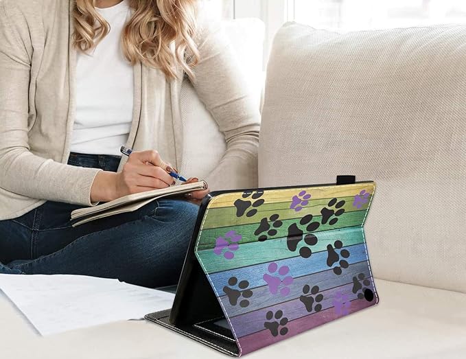 Case for Kindle Fire HD 10/Fire HD 10 Plus Tablet (11th Generation 2021 Release) Premium PU Leather Cover with Card Slot &amp Pencil Holder Rustic Rainbow Woodgrain Dog Paw Print