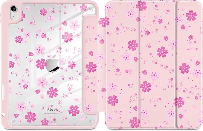 MecBevia Case for iPad Air 11-inch M4 2026 / M3 2025 / M2 2024 Slim Protective Cover with Built-in Pencil Holder Auto Wake/Sleep Pink Petals