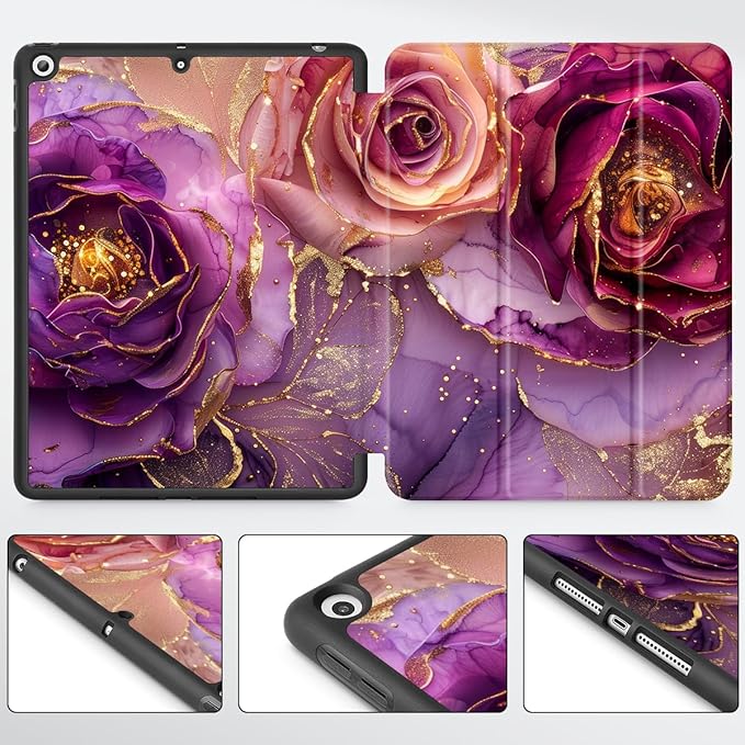 Mektron Designed Printed iPad 10.2 Case 9th Gen (2021)/ 8th Gen (2020)/ 7th Gen (2019) with Pencil Holder Slim Stand Protective Case with Soft TPU Back for iPad 10.2 Inch Marble Flowers