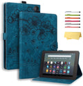 for Amazon Kindle Fire HD 8 &amp Fire HD 8 Plus Case 12th/10th Generation (2024/2022/2020) 8 UUcovers Embossed PU Leather Folio Magneic Cover with Stand/Pencil Holder Cherry Blossom Blue Cat