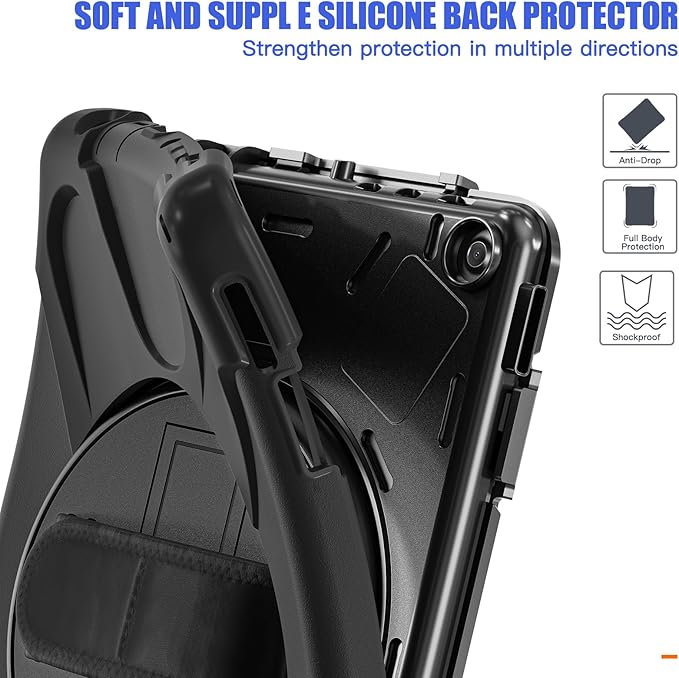 BRAECNstock for Amazon Fire HD 10 Tablet Case (13th Generation 2023) 10.1 Shockproof Protective Kids Case with Screen Protector [Rotating Hand Strap+Stand] Pen HolderShoulder Strap Black