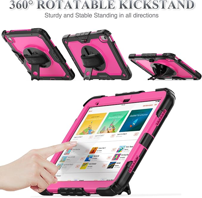 SEYMAC stock Case for iPad (A16) 11th/10th Generation 11''/10.9'' 2025/2022 Full-Body Drop Protection Case with Screen Protector &amp360° Rotate Hand Strap/Stand Pink+Black