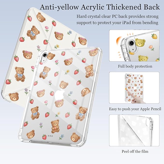 Cute Kawaii Bear Strawberry for iPad (A16) 11th/10th Generation Case 11 Inch/10.9 Inch 2025/2022 with Pencil Holder Auto Sleep/Wake White Leather Acrylic Back Detachable Cover