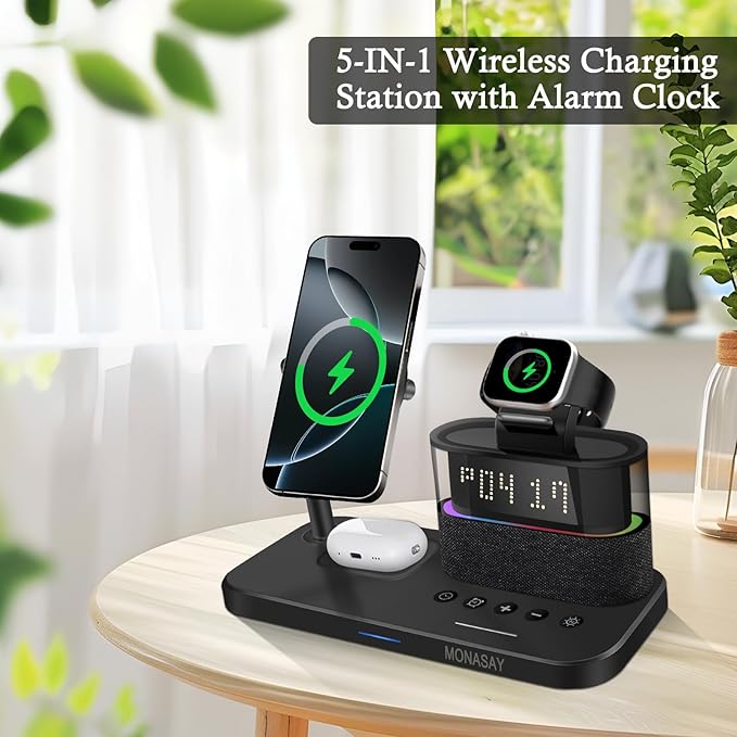 MONASAY Qi2 5 in 1 Wireless Charging Station 23W Wireless Charger with Alarm Clock for Multiple Devices Magnetic Charger Stand for iPhone 17/16/15/14/13 Series and AirPods Apple Watch Series Black