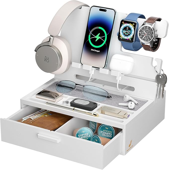 Pezin &amp Hulin Wooden Charging Station Bedside Nightstand Tray with Spacious Drawer Felt Pads for Phones Watch Idea Gifts for Him Birthday Son Christmas for Papa Fathers Day (White)