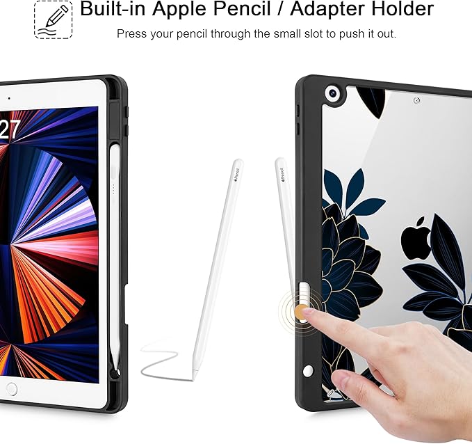 for iPad 9th Generation with Pencil Holder iPad 8th/7th Gen Case 10.2-inch [Built in Pencil Holder] Trifold Stand Auto Wake/Sleep Clear TPU Protection Back Cover Flower Dahlia