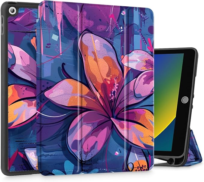 Mektron Designed Printed iPad 10.2 Case 9th Gen (2021)/ 8th Gen (2020)/ 7th Gen (2019) with Pencil Holder Slim Stand Protective Case with Soft TPU Back for iPad 10.2 Inch Graffiti Flower