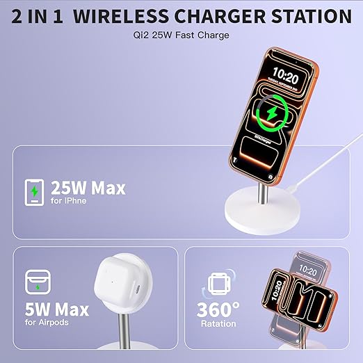 Magnetic Wireless Charging iPhone StandQi2.2 Certified 25W Fast Mag-Safe Charging Stand Station Apple Magnet Wireless Charger with Plug for iPhone 17/17 Pro/Air/16/15/14/13/12 SeriesAirPods Pro 3/4