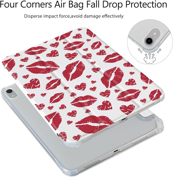 Red Lips Heart Case for iPad 11 Inch (A16) 11th 2025/iPad 10.9 Inch 10th Gen 2022[Pencil Holder+Auto Sleep/Wake]Slim Trifold Stand Protective Cover with Soft TPU BackWhite