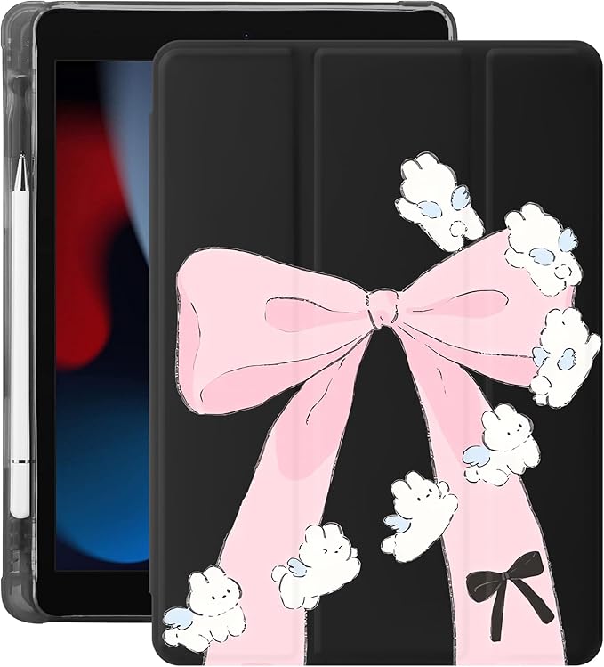 Idocolors Case for iPad 11 inch (A16 Chip) 2025 Generation 11th / iPad 10.9 inch 2022 10th Gen Built-in Pencil Holder with Soft TPU Shockproof Back Shell Auto Wake/Sleep Bunny Bow-Black