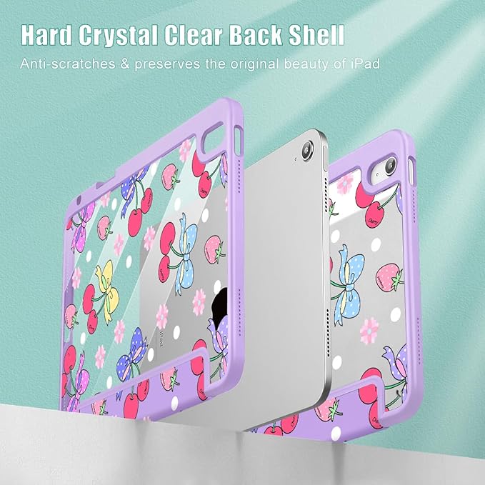 Tuiklol for 2025 iPad (A16 Chip) 11th Generation 11 inch/iPad 10th Gen 10.9 inch 2022 Case Buit in Pencil Holder with Clear Back Shell Cover Trifold Stand Auto Wake/Sleep Strawberry Cherry Purple