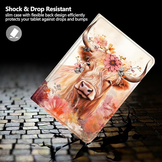DIGTIALLL Case for Amazon Kindle Fire HD 10 &amp 10 Plus Tablet (11th Generation 2021 Release) 10.1 PU Leather Smart Protective Cover with Auto Sleep/WakeHighlands Cows and Floral