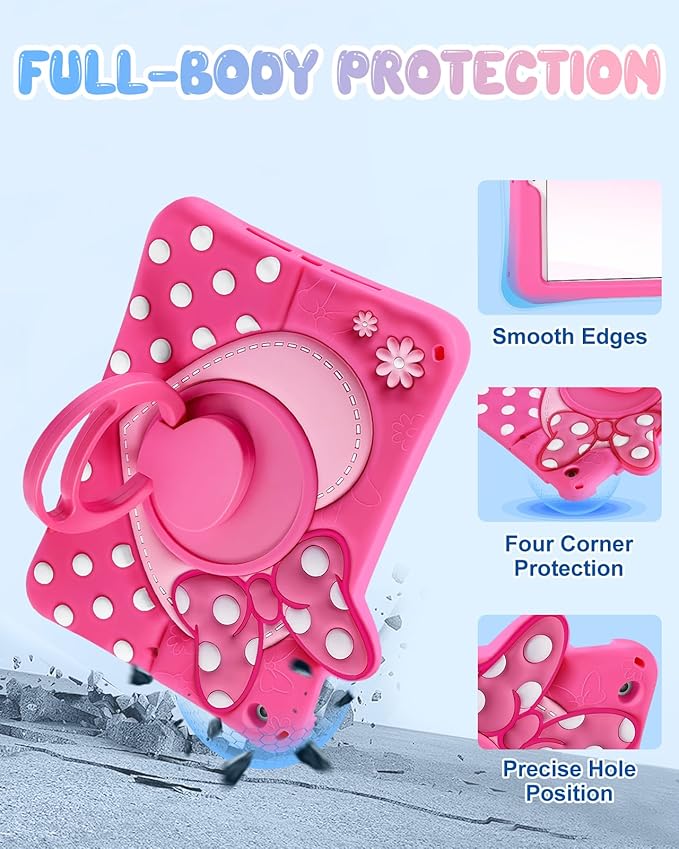 Boaretiu Kids Case for iPad 9th/8th/7th Generation 10.2 Inch 2021/2020/2019 - Cute Girly Cartoon Soft 3D Bow Heart Dot Silicone Case with Strap &amp Rotating Stand Tablet Cover for Girls Teens