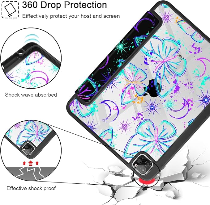 Mektron Case for iPad Pro 11 inch (4th 3rd 2nd &amp 1st Gen) 2022 2021 2020 2018 Buit in Pencil Holder with Shockproof Cover Clear Shell + Trifold Stand + Auto Wake/Sleep Fantasy Butterfly