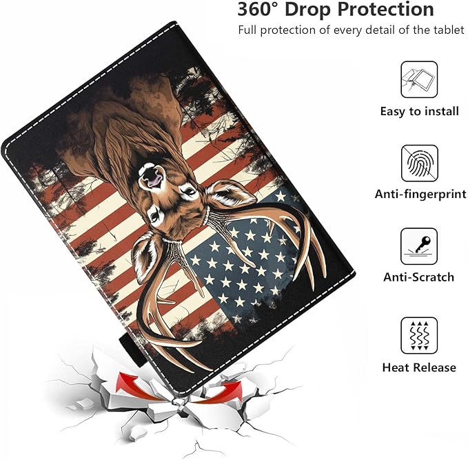 Case for All-New Amazon Kindle Fire HD 10 &amp 10 Plus Tablet 10.1 (13th/11th Generation 2023/2021 Release) - PU Leather Folio Case with Smart Auto Wake/Sleep American Flag Deer