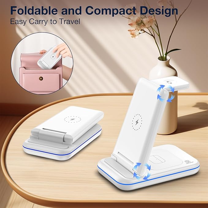 Wireless Charger for Samsung/Android HOLYJOY Foldable 3 in 1 Fast Charging Station/Stand/Multi Charger for Samsung S25 Ultra/S24/Note 20Travel Pad for Galaxy Watch 8/7/6/5/4/Active 2For Buds(Ivory)