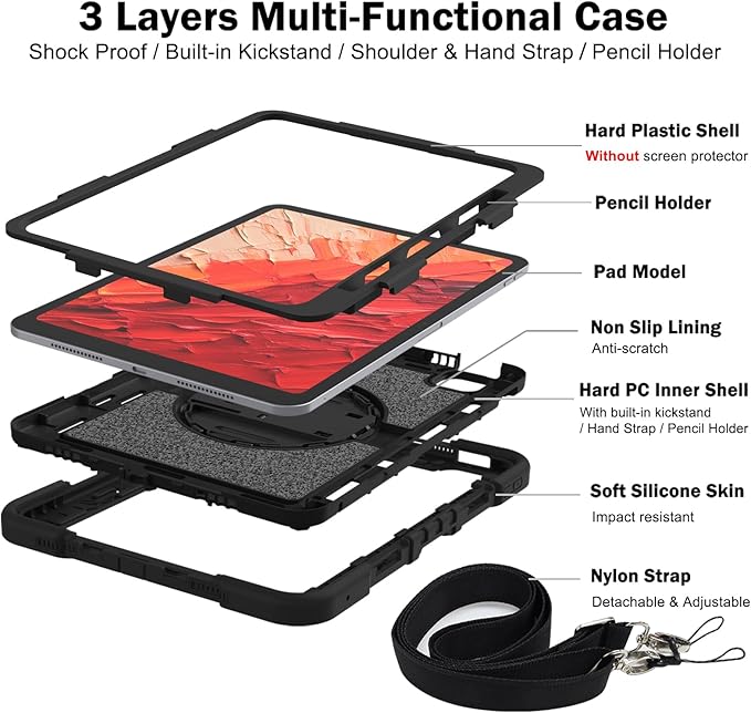 Shockproof Case for iPad Pro 11-inch M5/M4 (2025/2024) Cover with Hand/Shoulder Strap Techcircle Heavy Duty Rotating Kickstand Rugged Defender Protective Case with Pencil Holder Black
