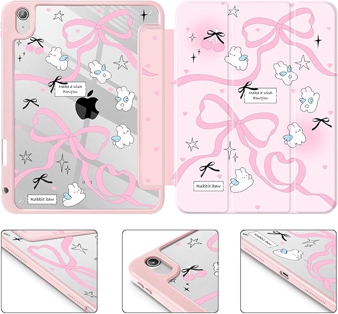 Mektron for 11th Generation iPad 11-inch A16 chip 2025 Cover with Pencil Holder Fit 10th Generation iPad 10.9-inch A14 chip 2022 Shockproof Clear Shell Pink Bows-Rabbits