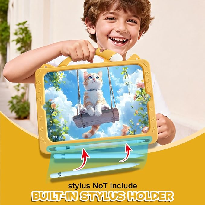 Case for iPad 9th Generation (2021) / 8th Generation (2020) / 7th Gen (2019) 10.2 Inch Full-Body Shockproof Kids Case for Pencil Holder &amp Adjustable Shoulder Strap Orange Cat
