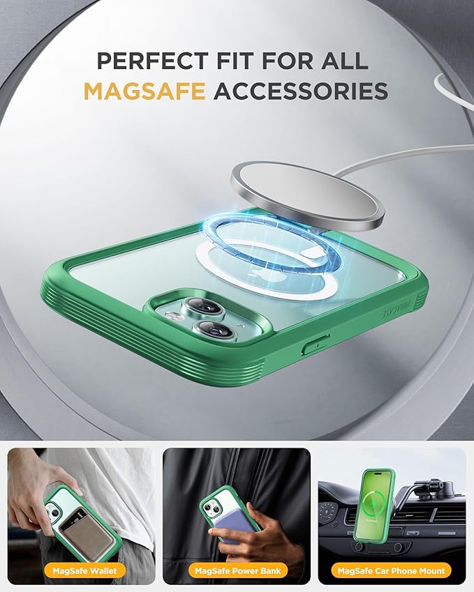 Miracase Magnetic for iPhone 15 Plus Case 6.7'' [Compatible with Magsafe] Full-Body Military Drop Proof 15 Plus Phone Case Cover with Built-in 9H Tempered Glass Screen ProtectorMagnetic Green | Magne