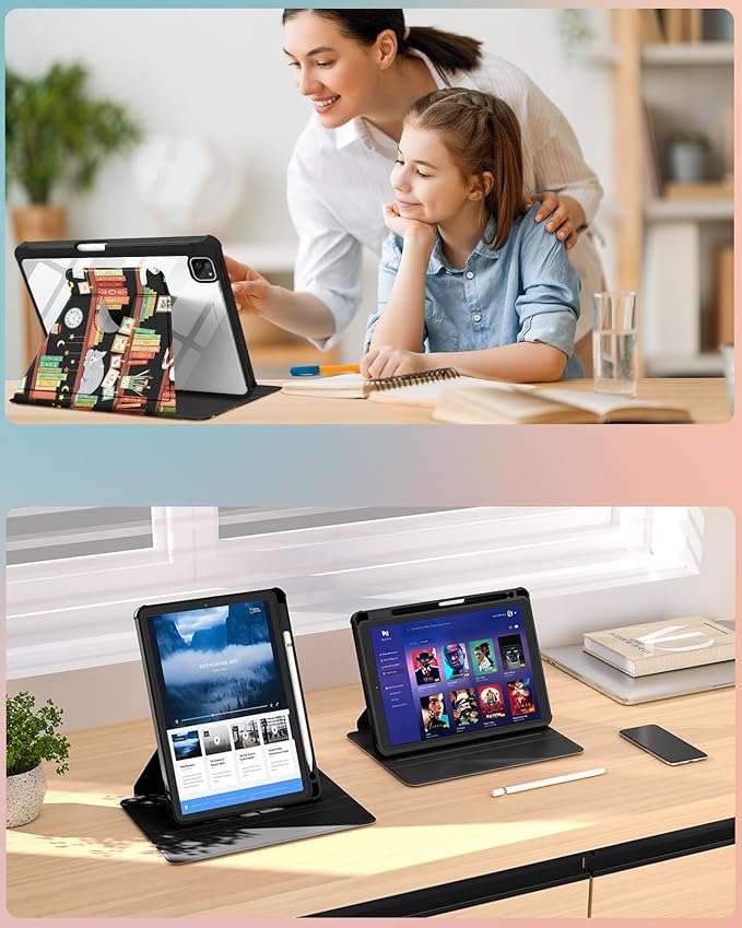 for iPad Air 11 inch Case Air 5th/4th Generation 10.9 Pro 11'' Case Women Girls for Apple Pencil Holder Cute Cat Rotating Folio Cover for iPad Air 11 2024 (M2) 10.9 2022 2020 Pro 11