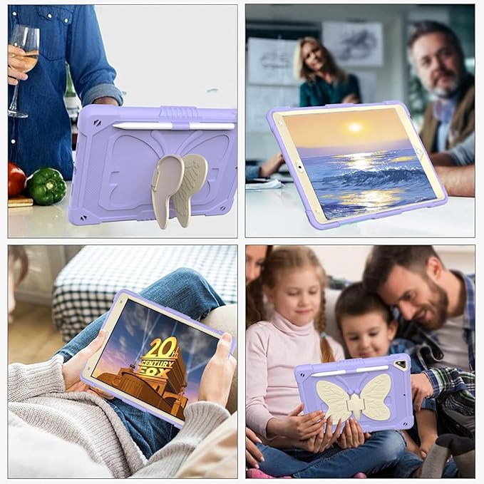 for iPad 9th Generation Case 10.2 inch for Kids Girls with Butterfly Kickstand Shoulder Strap Pencil Holder Rugged Cover for iPad 9th 8th 7th Gen 2021 2020 2019 Purple