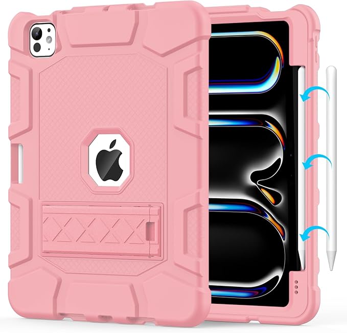 Case for iPad Pro 11 Inch Case (M5 2025/ M4 2024) with Pencil Holder Built-in Stand Military Grade Shockproof Protective Cover for iPad Pro 11 (Rose Gold)