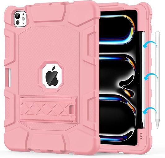 Case for iPad Pro 11 Inch Case (M5 2025/ M4 2024) with Pencil Holder Built-in Stand Military Grade Shockproof Protective Cover for iPad Pro 11 (Rose Gold)