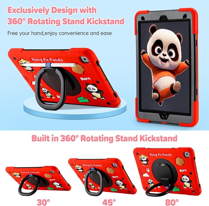 Case for iPad 9th/8th/7th GenerationCute 3D Cool Panda Warrior Design Cover with Screen Protector Rugged Protective Cartoon Case with Stand/Strap/Pen Slot for iPad 10.2 Kids Teens (Red+Black)