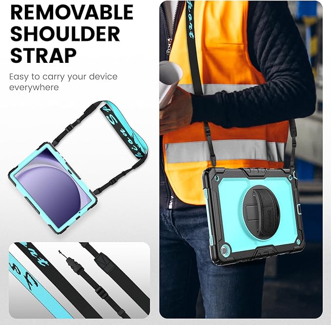 Timecity for Samsung Galaxy Tab A9 Plus Case 11 inch 2024 (SM-X210/X216/X218) Shockproof Sturdy Protection Case with Screen Protector 360° Rotating Stand Handle/Shoulder Strap- Light Blue