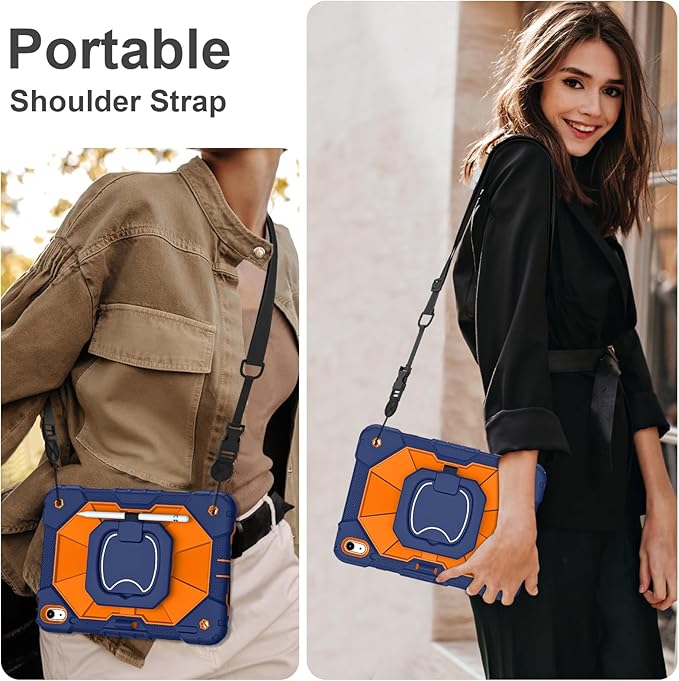 Case for iPad (A16) 11th Generation 11 Inch (2025) / iPad 10th Generation Case 10.9 Inch (2022) with 360° Rotating Stand Screen Protector Pen Holder Shoulder Strap Navy Orange