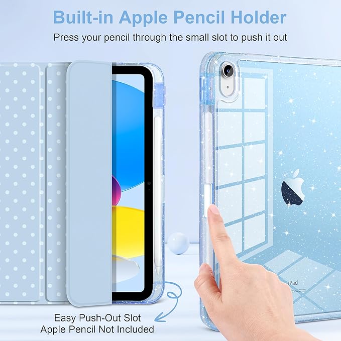 DONGKE for iPad Case 9th/8th/7th Generation 10.2 Inch (2021/2020/2019) Shockproof Glitter Acrylic Back with Trifold Stand Pencil Holder &amp Auto Sleep/Wake - Blue Polka Dot