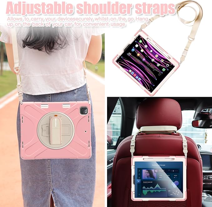 BRAECNstock Case for Apple iPad Air 13 inch (M4/M3/M2)/ iPad Pro 12.9 inch 6th/5th/4th/3rd Gen Shockproof Protective Case with Pen Holder 360° Rotating Stand &amp Hand Strap Shoulder Strap Rose G
