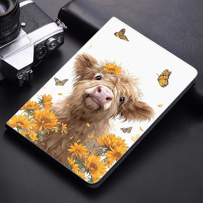 Case for Samsung Galaxy Tab A11 / Tab A9 8.7-Inch 2025/2023Slim Protective LeatherAuto Wake/SleepAdjustable Viewing Angle Stand.Highland Cow Butterfly Flower