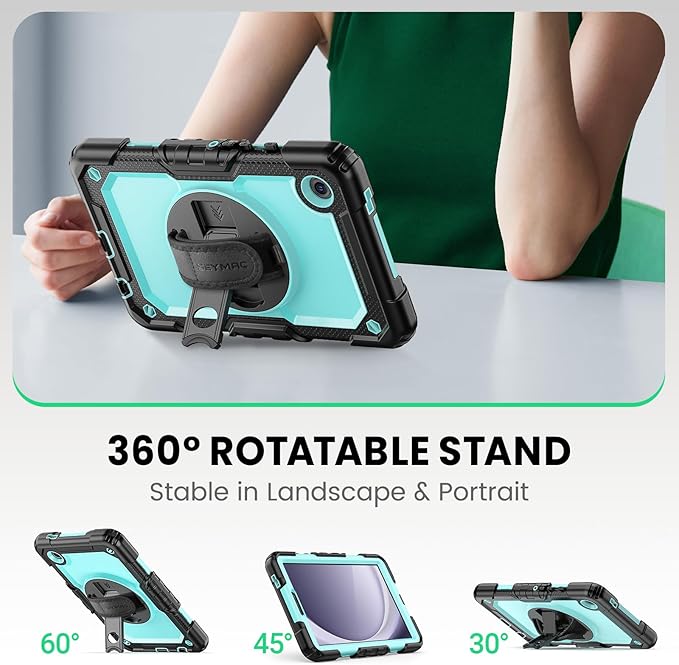 SEYMAC for Samsung Galaxy Tab A9 Case 8.7″ 2023 (SM-X110/X115/X117) Heavy Duty Shockproof Protective Case with Screen Protector Rotating Stand Hand/Shoulder Strap and Pen Holder Light Blue