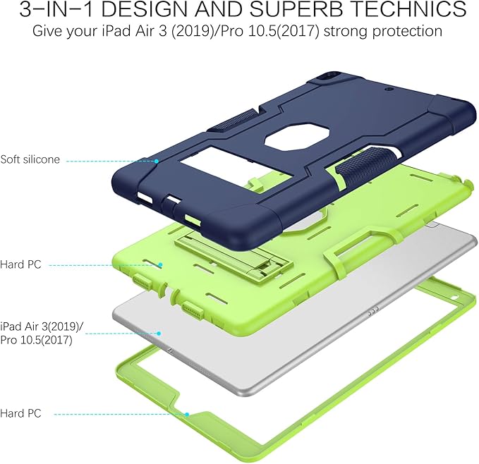 BENTOBEN for iPad Air 3 2019 Case iPad Pro 10.5 2017 Case 3 Layers Heavy Duty Rugged Shockproof Kickstand Sturdy Protective Tablet Cases for iPad Air 3rd Gen/iPad Pro 10.5 2017 Dark Blue/Green