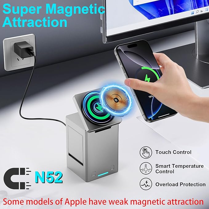 25W 3 in 1 Charging Station for Apple DevicesAuto Open/Close Mag-Safe Wireless Charging Stand CubeTravel Wireless Charger Dock for iPhone 16/15/14Series &amp Apple Watch &amp AirPods (Metal Gray)