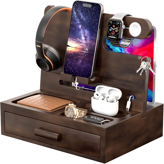 melafa365 Nightstand Organizer for MenPhone Docking Station with Cable ManagementNight Stand with DrawerBedside Organizer for WatchesKeysWalletsGifts for Men(Brown)