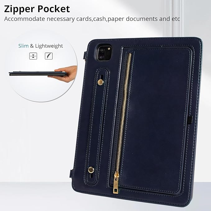 Dteck Case for iPad Air 13 inch M2 2024/iPad Pro 12.9 Case 6th/5th/4th/3rd Generation 2022/2021/2020/2018Premium PU Leather Shockproof Protective Case Zipper Pocket Strap Soft TPU CoverDarkblue
