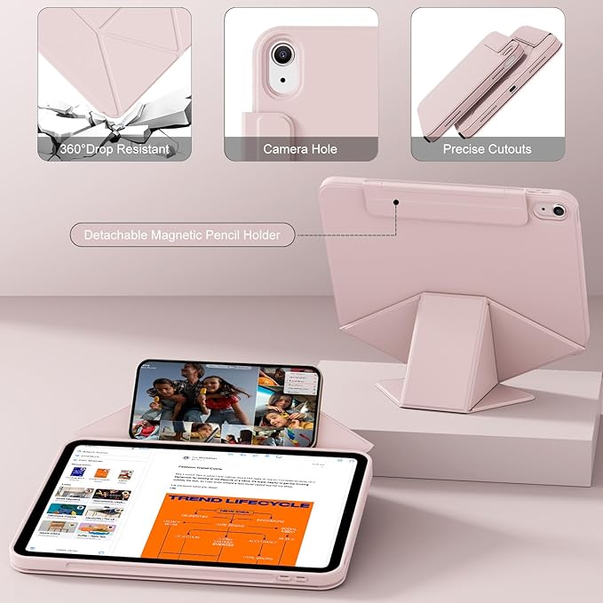 Case for iPad Air 11-Inch M4/M3/M2 (2026/2025/2024) iPad Air 5th/4th Generation (2022/2020) 10.9 with Pencil Holder Detachable Magnetic 360° Rotating Lightweight Protective Cover Pink
