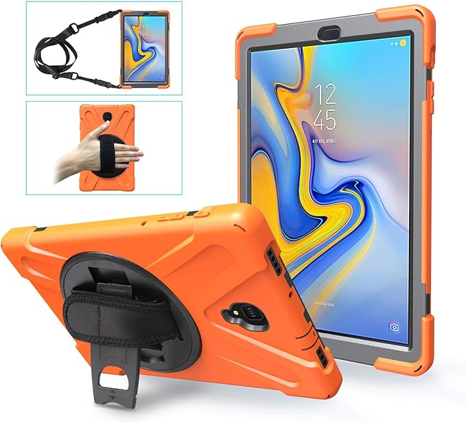 Rugged Case for Samsung Galaxy Tab A 10.5 2018 (SM-T590/T595/T597) Portable Hybrid Shock-Proof Cover with 360° Rotatable Hook&ampLoop HandleShoulder Strap (Orange)