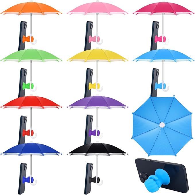 10 PCS Mini Umbrella for Phone Sun Shade with Adjustable Fist Hand Suction Cup Stand Mobile Holder Universal Cell Phone Umbrellas for Summer Holiday UV Protection Beach Pool Travel Outdoor Sunshield