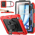 SEYMAC stock Case for iPad Air 11-inch M4-M2 2026-2024 (Gen 8-6) Shockproof Heavy Duty Case with Screen Protector Pencil Holder Rotating Stand Hand Strap Shoulder Strap Red