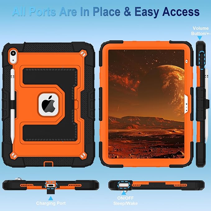 WESOROL Case for iPad A16 11th/10th Generation 2025/2022 with Pencil Holder Shoulder Strap iPad Case 10th Generation Shockproof Cover for iPad 11th/10th Gen CasesBlack Orange