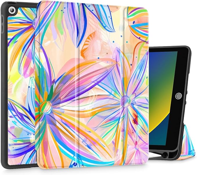 Mektron Designed Printed iPad 10.2 Case 9th Gen (2021)/ 8th Gen (2020)/ 7th Gen (2019) with Pencil Holder Slim Protective Case with Soft TPU Back for iPad 10.2 Inch Watercolor FlowerC328