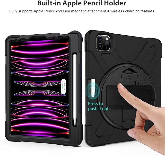 ProCase for iPad Pro 12.9 Inch Case 2022 2021 2020 2018 Rugged Heavy Duty Shockproof Cover with Hand Strap Shoulder Strap for iPad Pro 12.9 6th 5th 4th 3rd Generation –Black