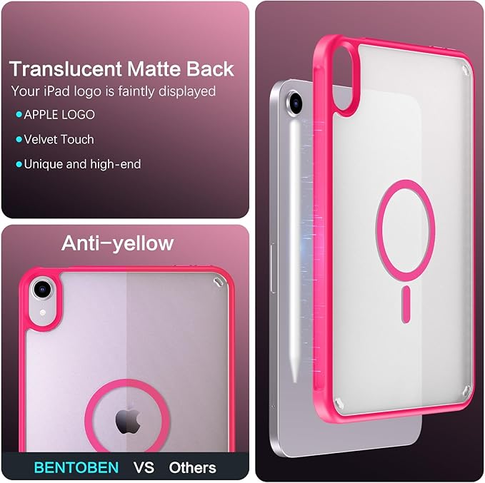 BENTOBEN for iPad Mini7 (A17 Pro) Case iPad mini 7th /6th Generation Magnetic Case (2024/2021) Translucent Matte Back Shock and Drop Protection Cover for iPad mini7/Mini6 8.3 Hot Pink
