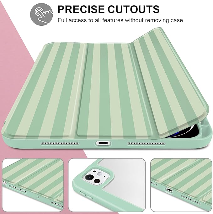 Case for iPad Pro 11 Inch (M5 2025 M4 2024) – [Built-in Pencil Holder] Shockproof &amp Stylish Clear Hard Back + Soft TPU Edge Magnetic Trifold Stand Auto Wake/Sleep Green Striped