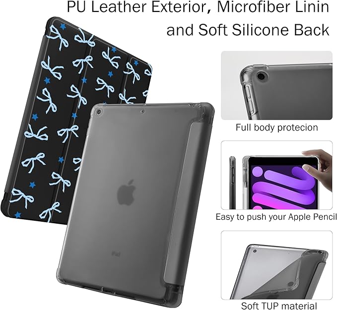 Idocolors Case for iPad 11 inch (A16 Chip) 2025 Generation 11th / iPad 10.9 inch 2022 10th Gen Built-in Pencil Holder with Soft TPU Shockproof Back Shell Auto Wake/Sleep Blue Bows-Black